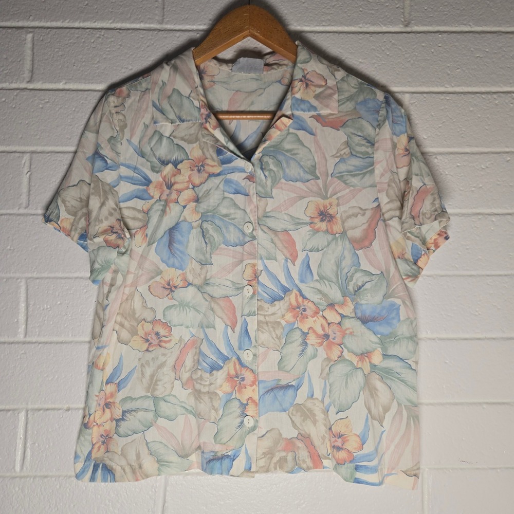 Vtg Blair Womens Blouse Floral Pastel Short Sleeve Button XL Tropical Resort